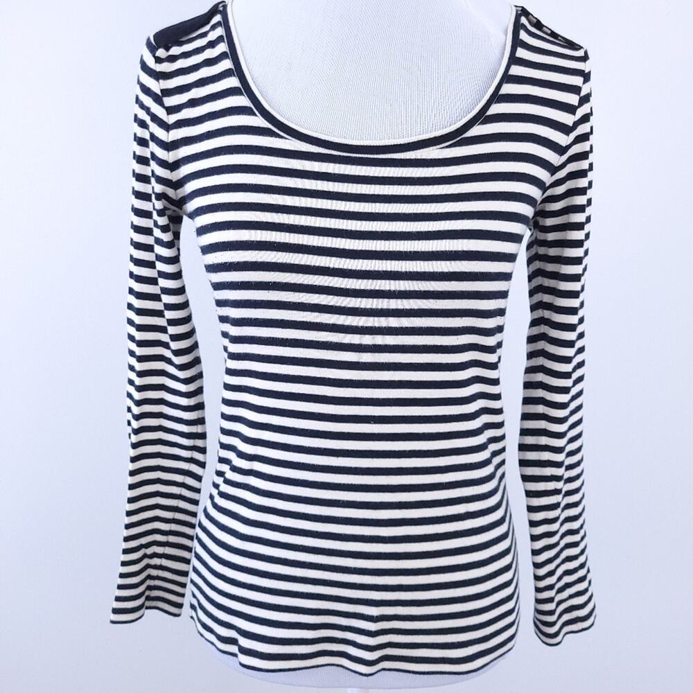 Ann Taylor Stripe Long Sleeve Shirt Small Black Cream, Shoulder Detail, Casual